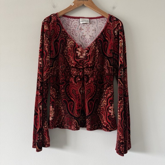 Fashion Bug Tops - Vintage Y2K Velvet Bell Sleeve V Neck Top Medium Whimsigoth Fairy Made in USA